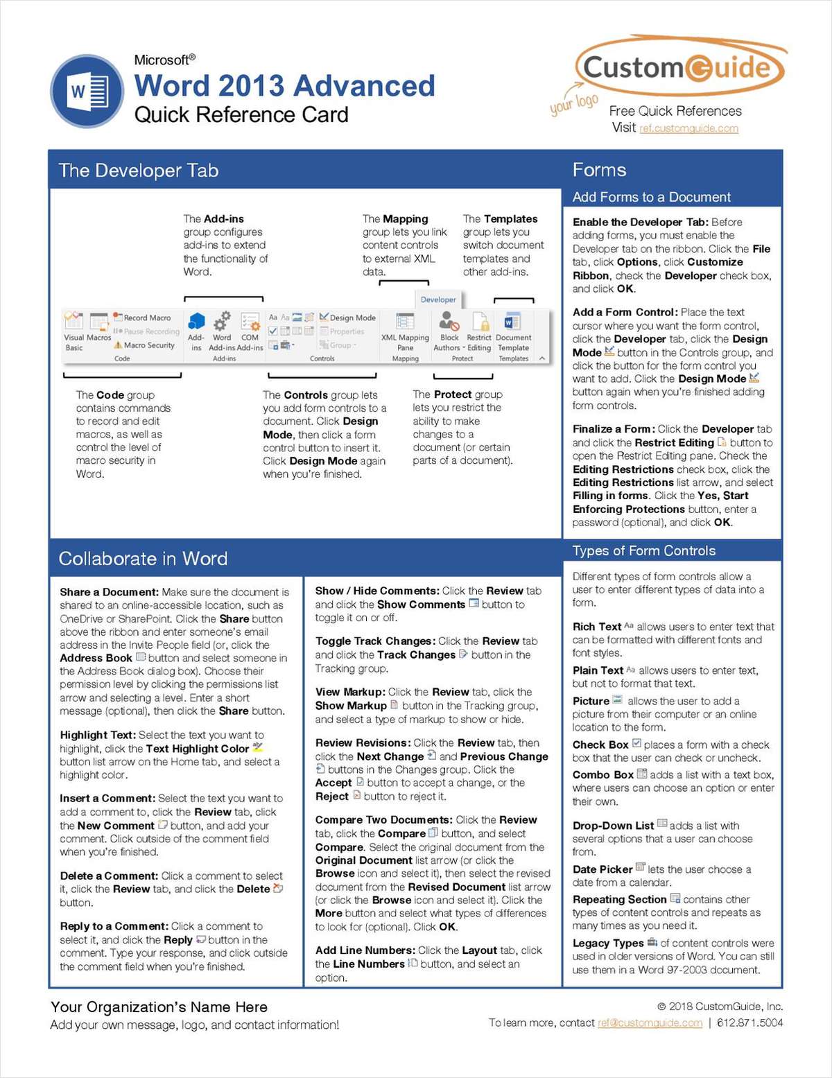 Microsoft Word 2013 Advanced Quick Reference Card Free Guide
