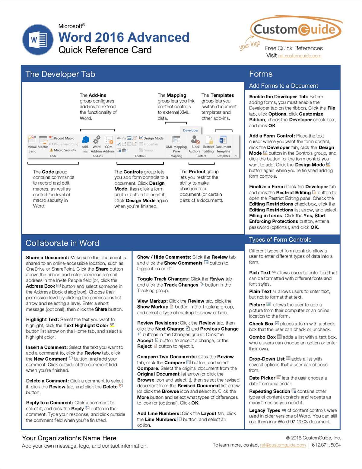 Microsoft Word 2016 Advanced - Quick Reference Card