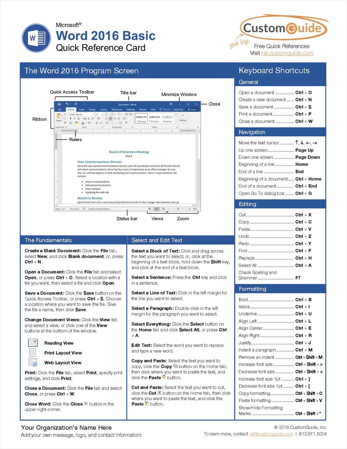 Microsoft Word 2016 Basic - Quick Reference Card