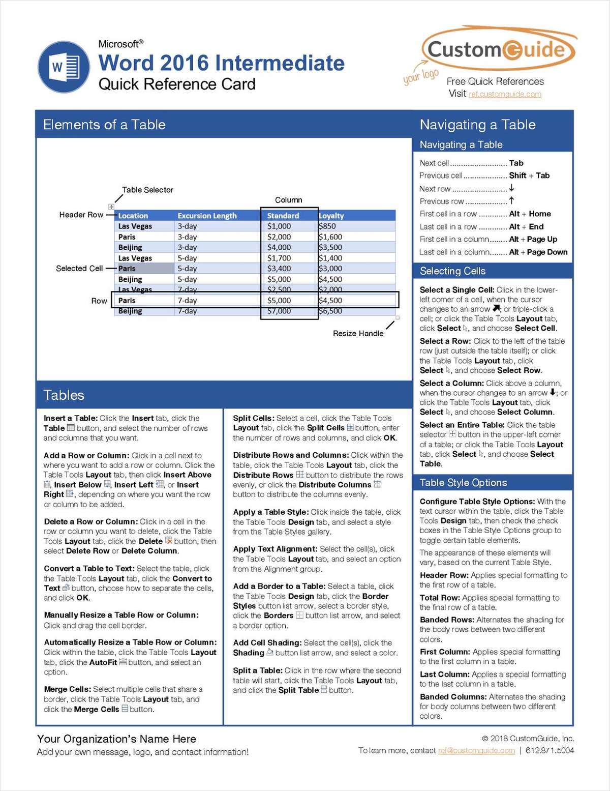 Microsoft Word 2016 Intermediate - Quick Reference Card