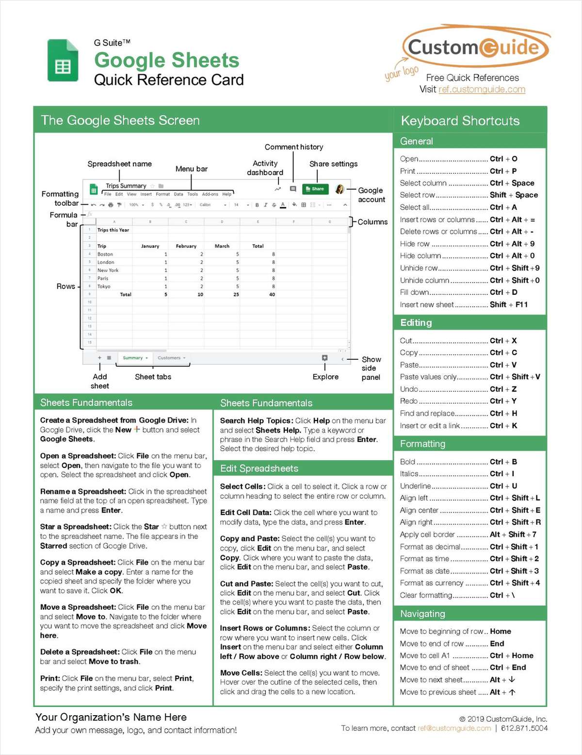 Google Sheets - Quick Reference Card Free Tips and Tricks Guide