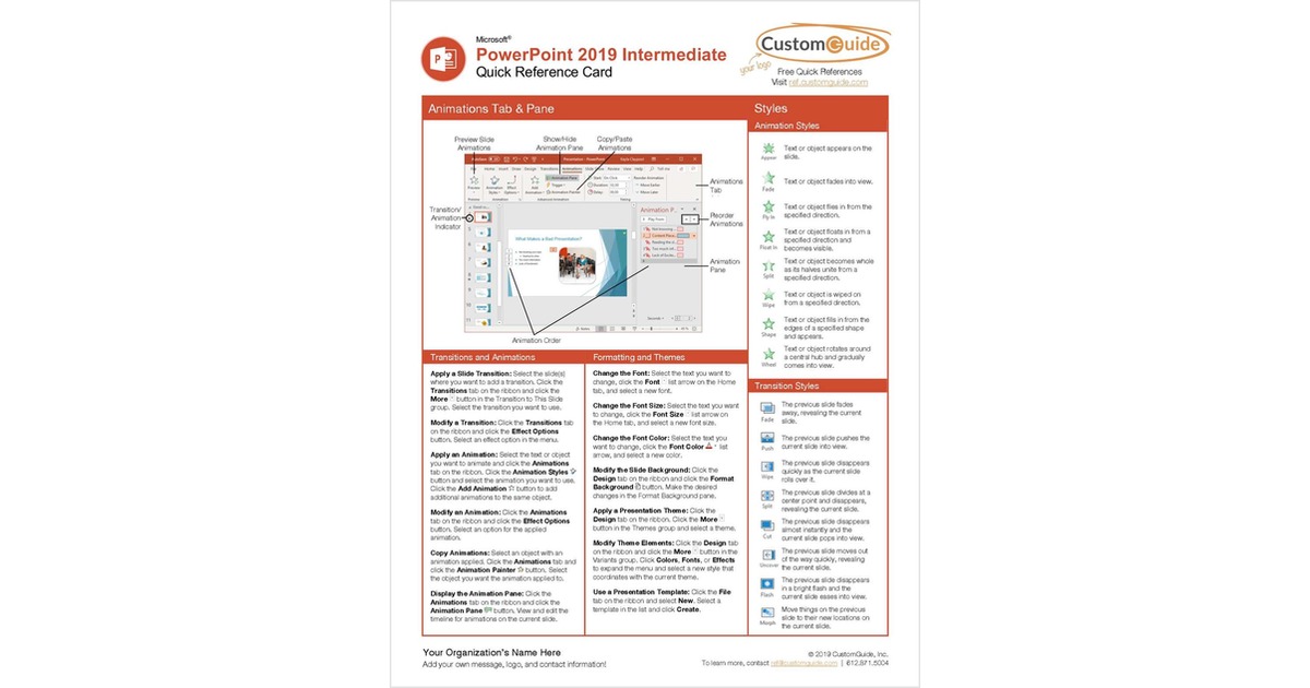 Microsoft PowerPoint 2019 Intermediate Quick Reference Card Free Tips and Tricks Guide