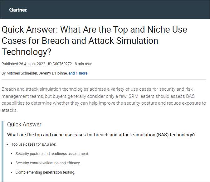 Gartner® Quick Answer Report: What Are the Top and Niche Use Cases for Breach and Attack Simulation Technology?