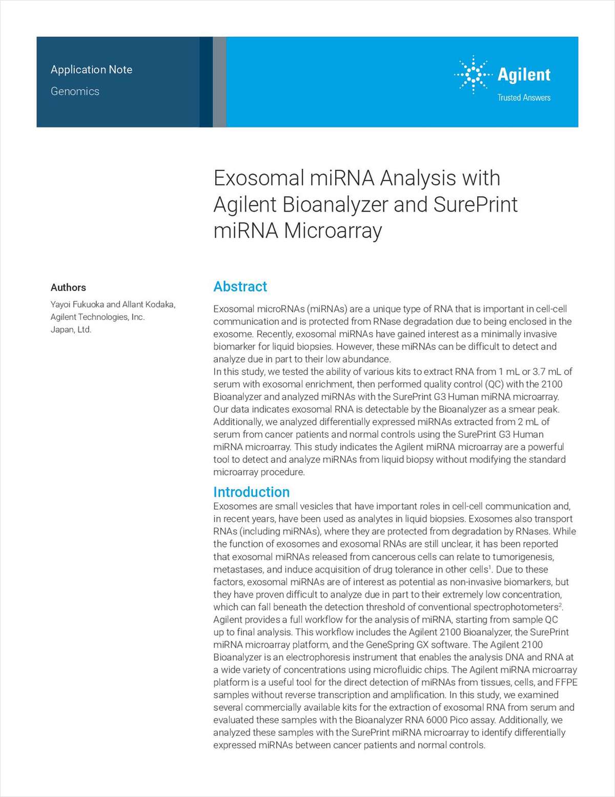 Exosomal miRNA Analysis with Agilent Bioanalyzer and SurePrint miRNA Microarray