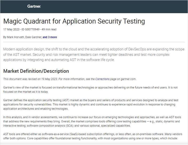 Gartner Magic Quadrant for Application Security Testing 2023