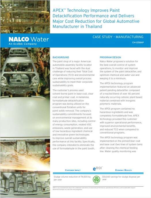 APEX™ Technology Improves Paint Detackification Performance and Delivers Major Cost Reduction for Global Automotive Manufacturer in Thailand
