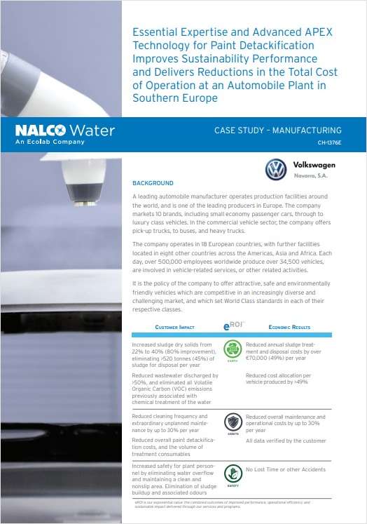 Essential Expertise and Advanced APEX Technology for Paint Detackification Improves Sustainability Reductions in the Total Cost of Operation at an Automobile Plant in Southern Europe