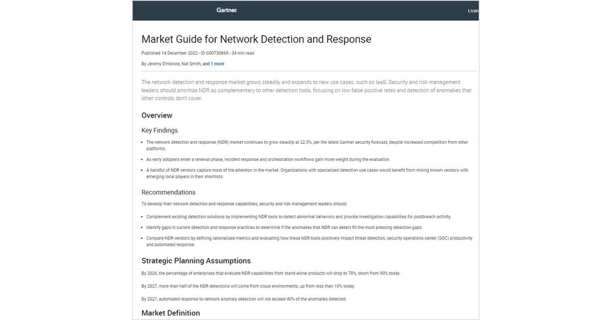 Gartner Market Guide for Network Detection and Response Free Research