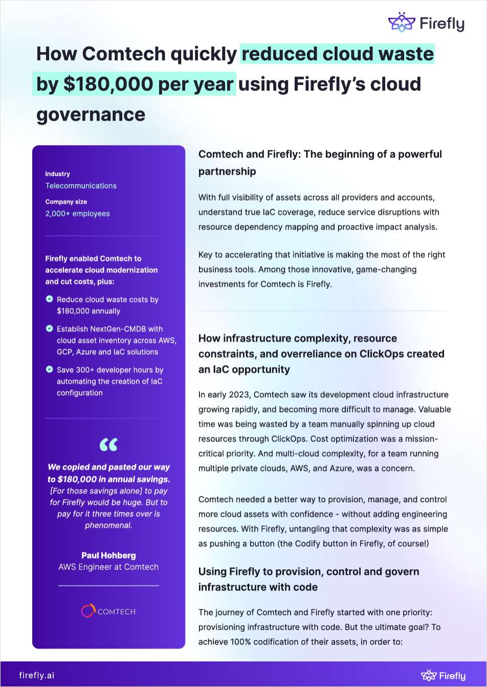 How Comtech quickly reduced cloud waste by $180,000 per year using Firefly's cloud governance
