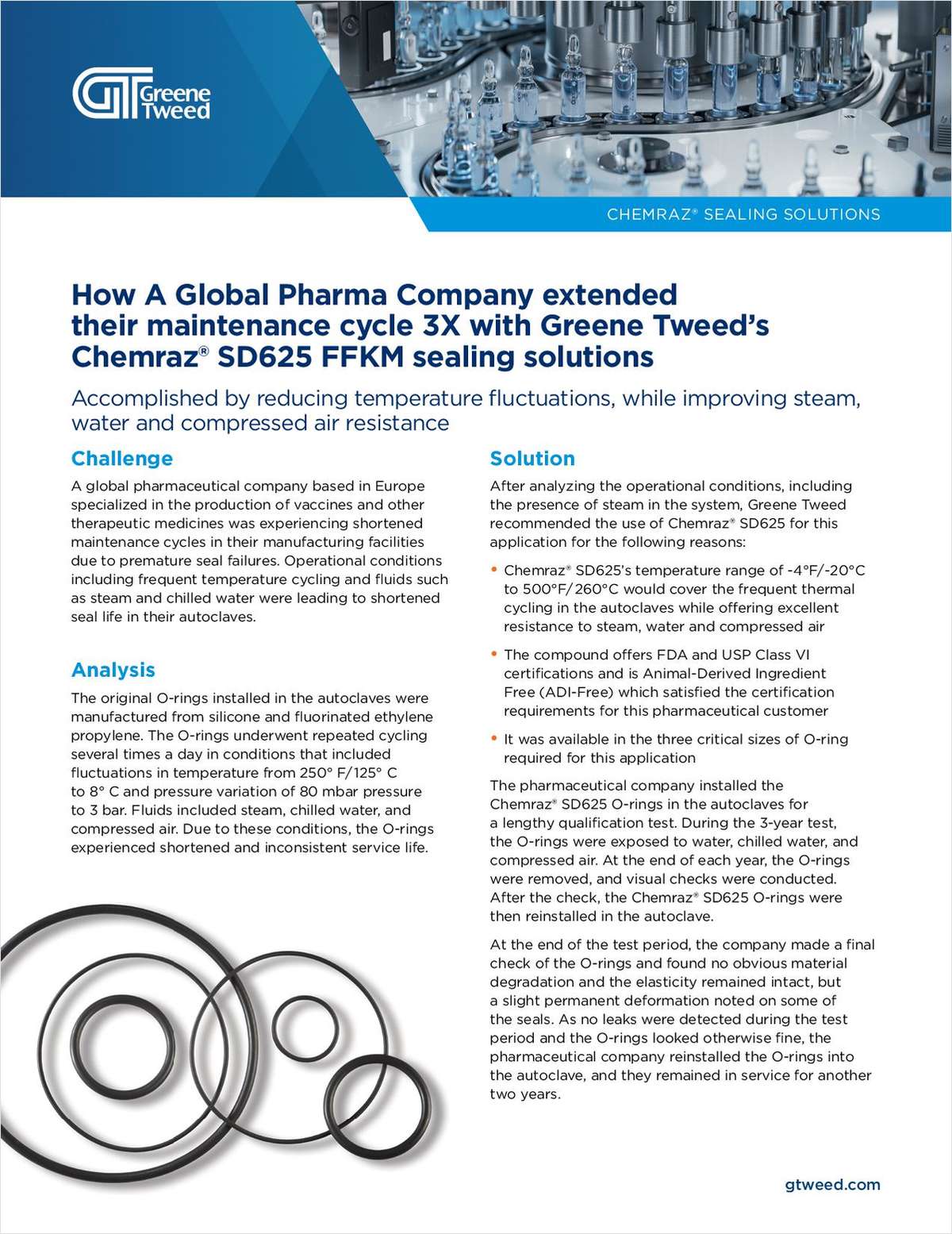 How A Global Pharma Company extended its maintenance cycle 3X with Greene Tweed's Chemraz® SD625 FFKM sealing solutions
