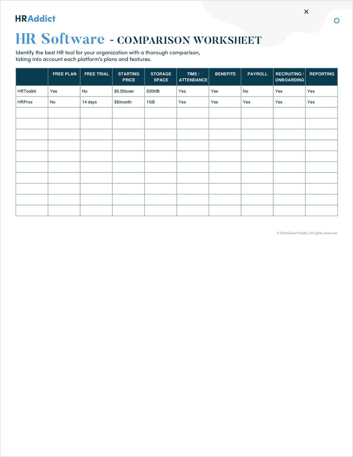 HR Software Comparison Worksheet