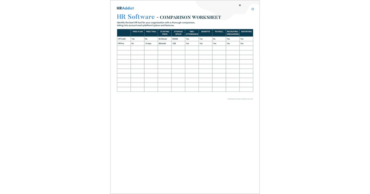 HR Software Comparison Worksheet