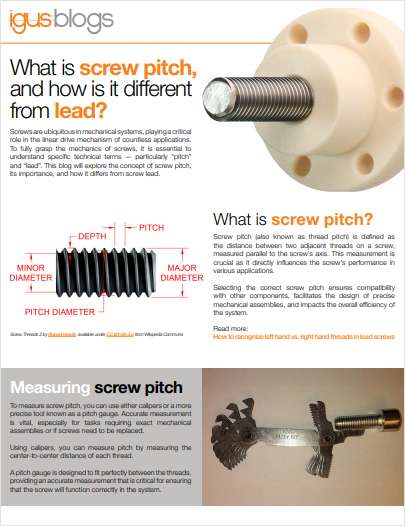 What is screw pitch, and how is it different from screw lead?