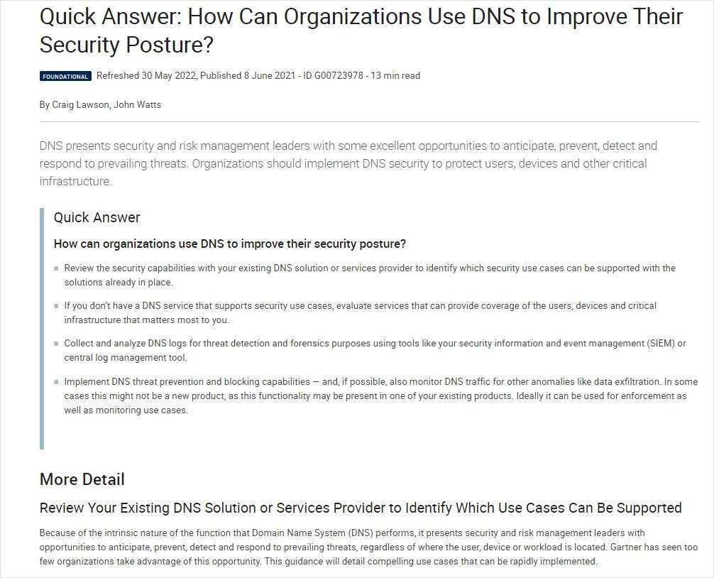 Gartner, Quick Answer: How Can Organizations Use DNS to Improve Their Security Posture?