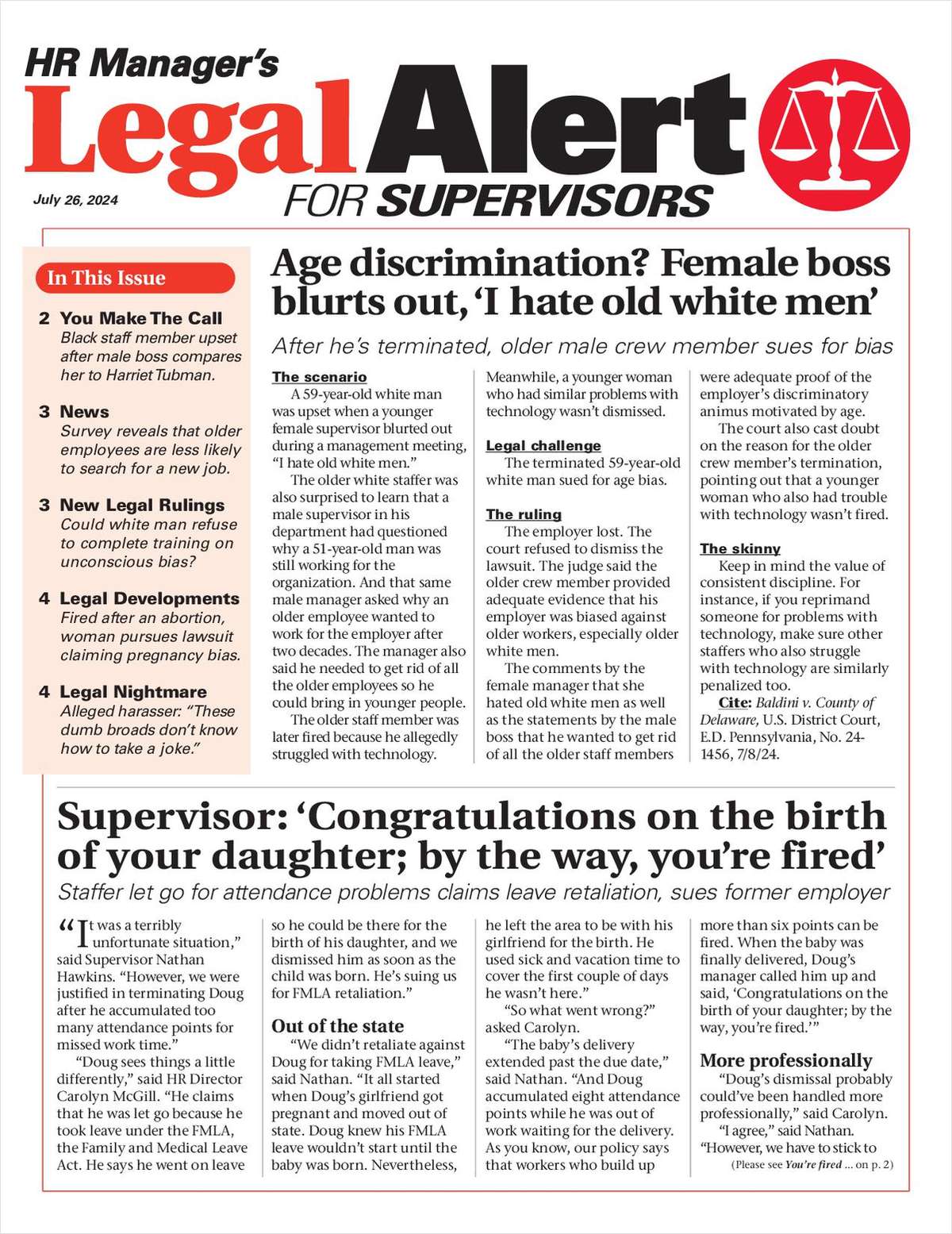 HR Manager's Legal Alert for Supervisors Newsletter: July 26 Edition