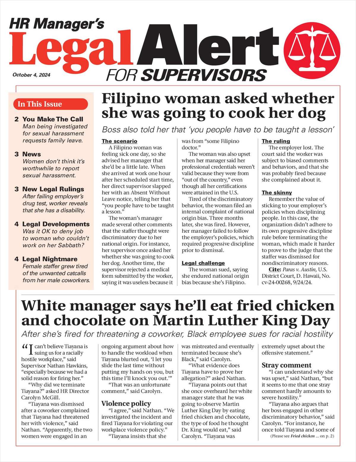 HR Manager's Legal Alert for Supervisors Newsletter: October 4 Edition