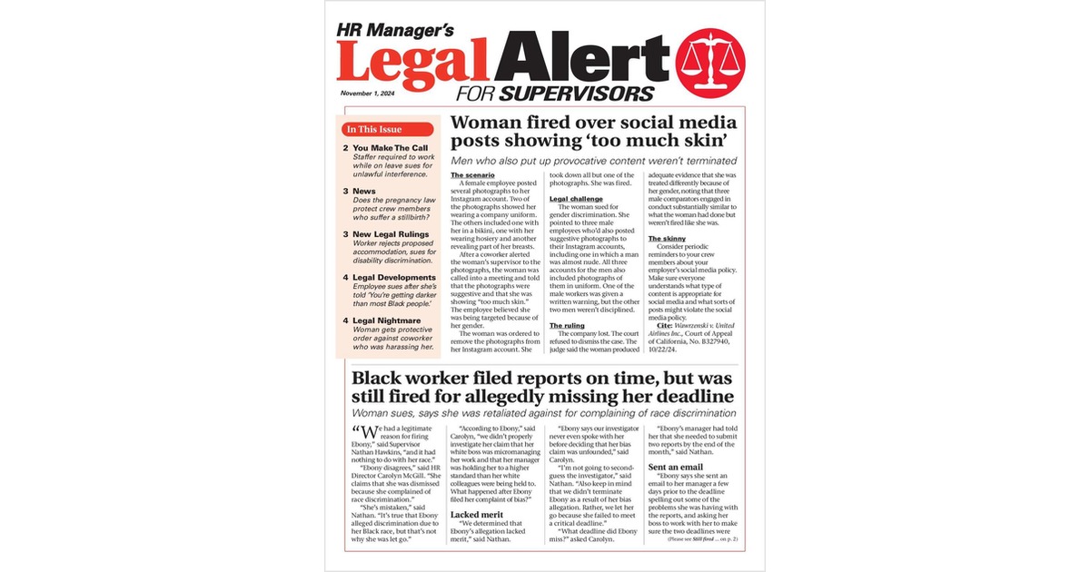 HR Manager's Legal Alert for Supervisors Newsletter: November 1 Edition