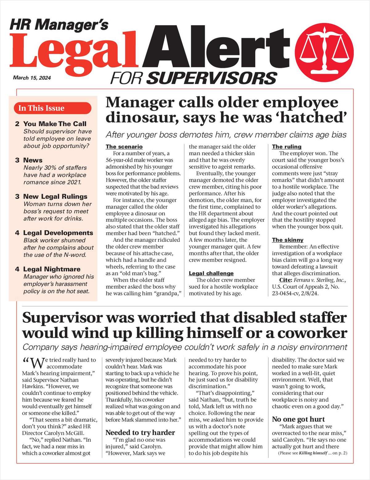 HR Manager's Legal Alert for Supervisors Newsletter: March 15 Edition