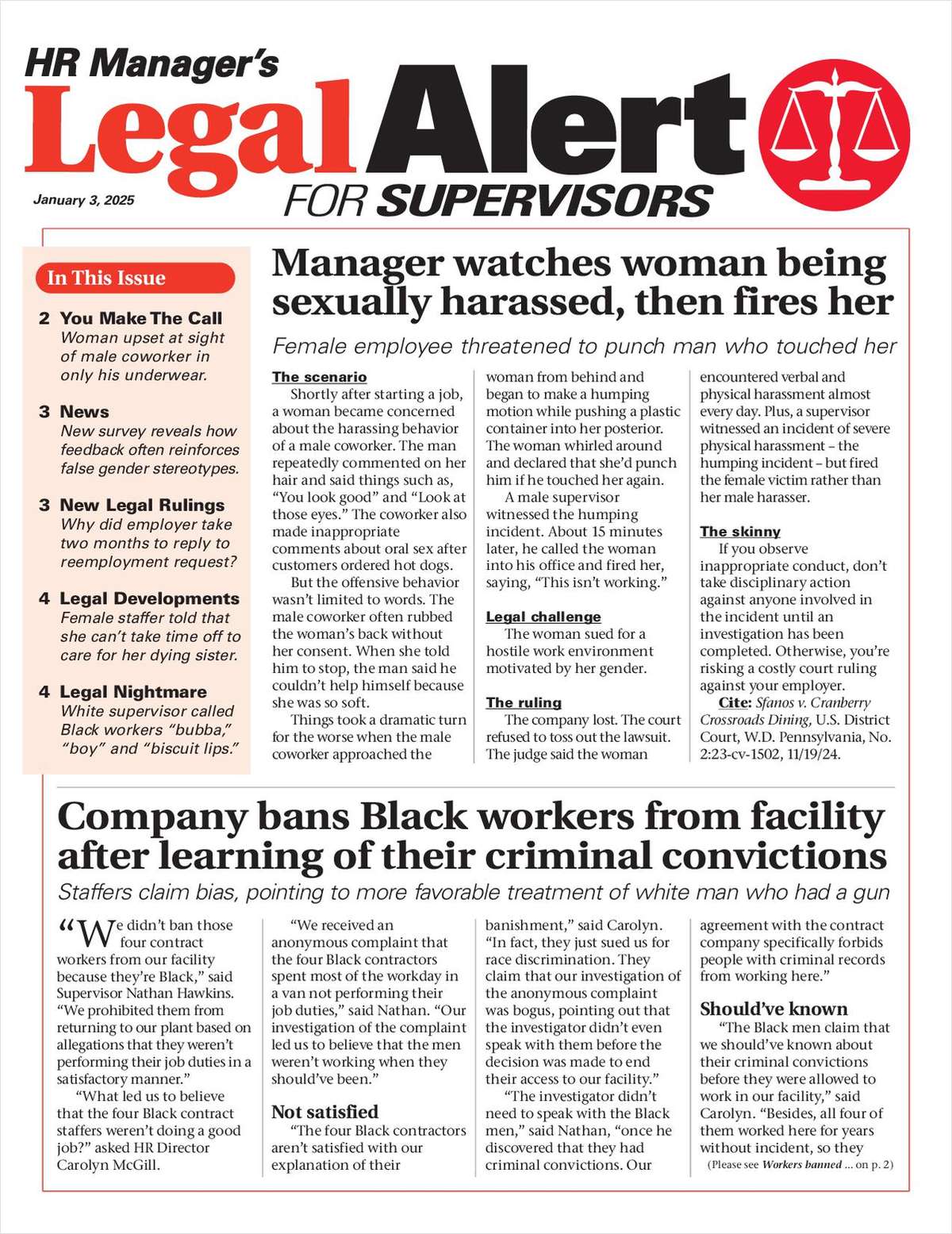HR Manager's Legal Alert for Supervisors Newsletter: January 3 Edition