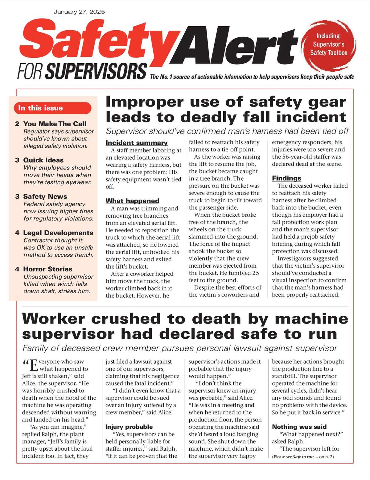 Safety Alert for Supervisors Newsletter: January 27 Issue