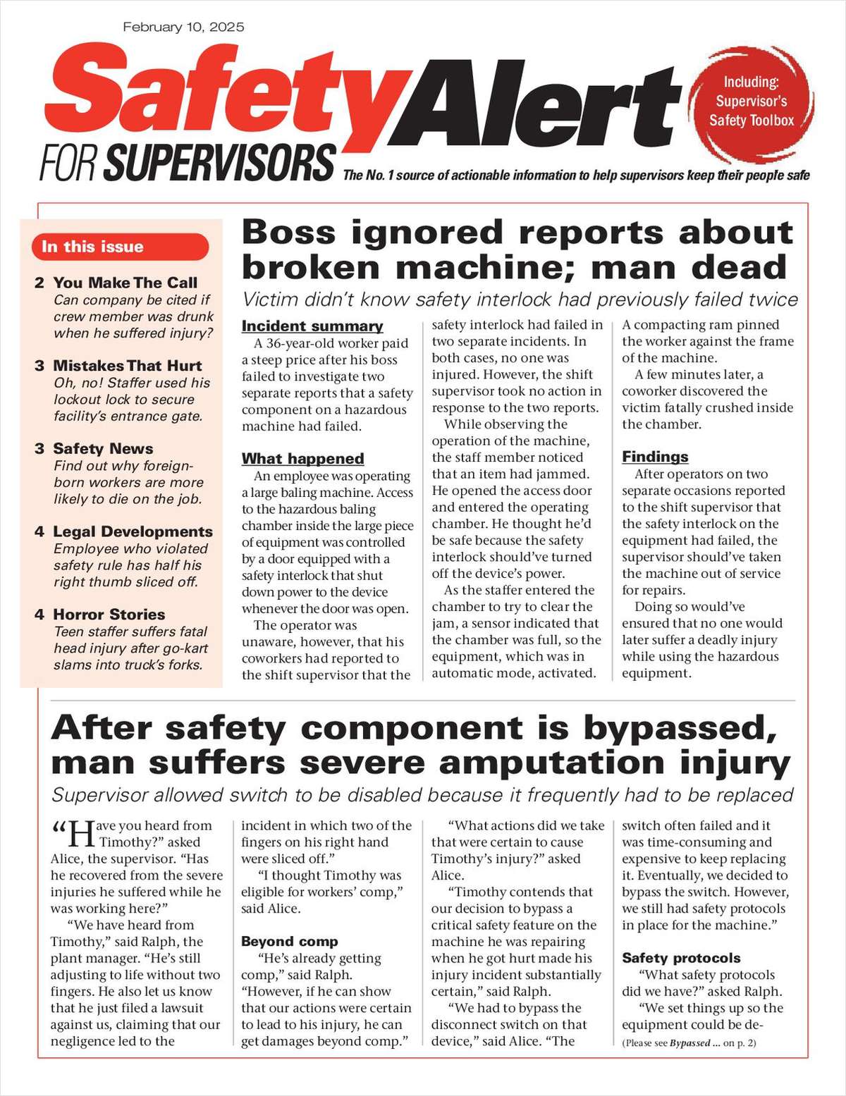 Safety Alert for Supervisors Newsletter: February 10 Issue