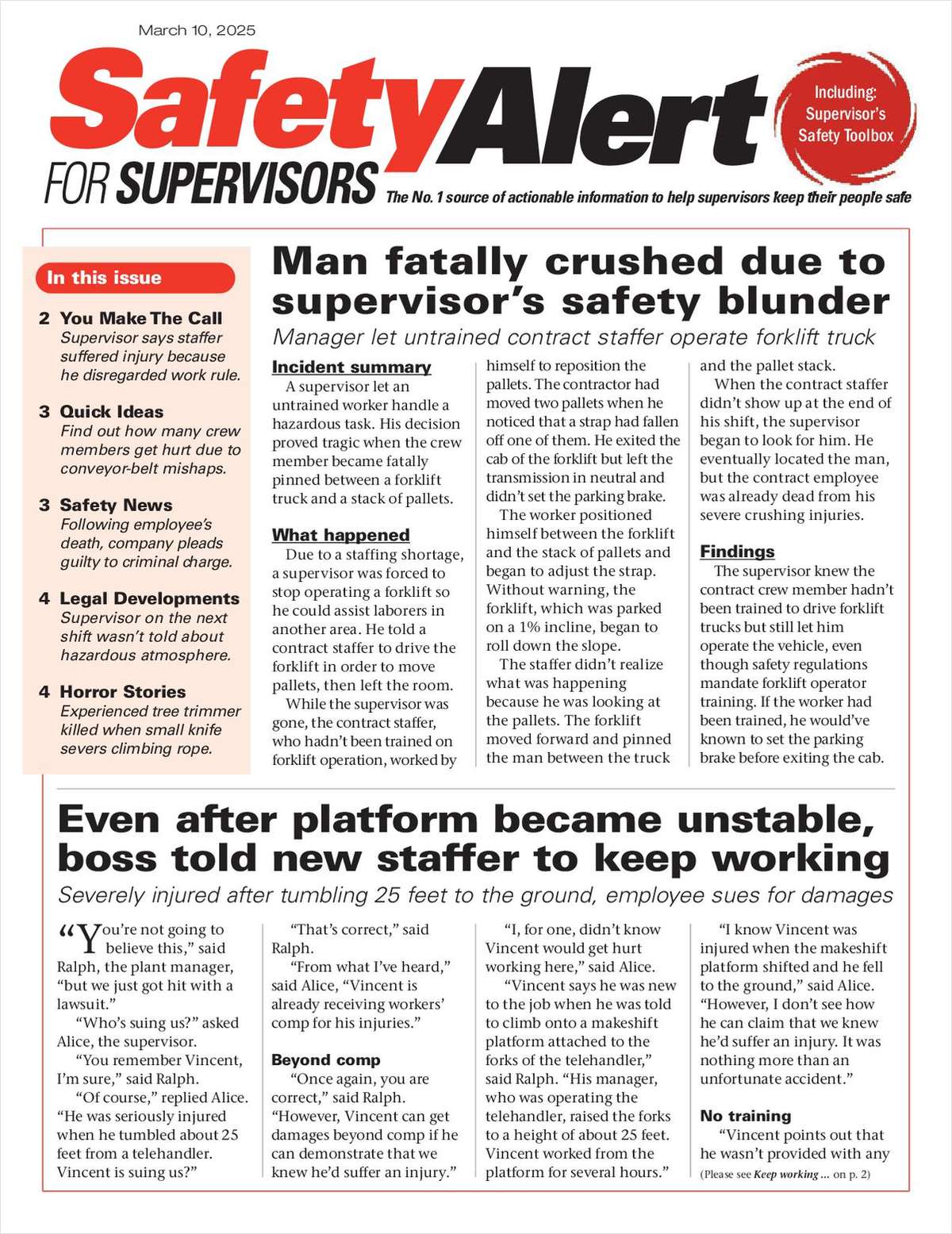 Safety Alert for Supervisors Newsletter: March 10 Issue