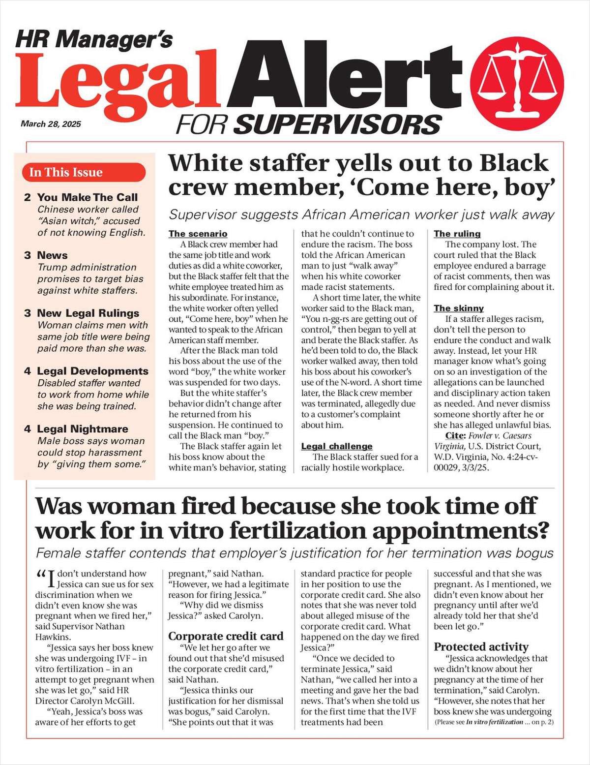 HR Manager's Legal Alert for Supervisors Newsletter: March 28 Edition