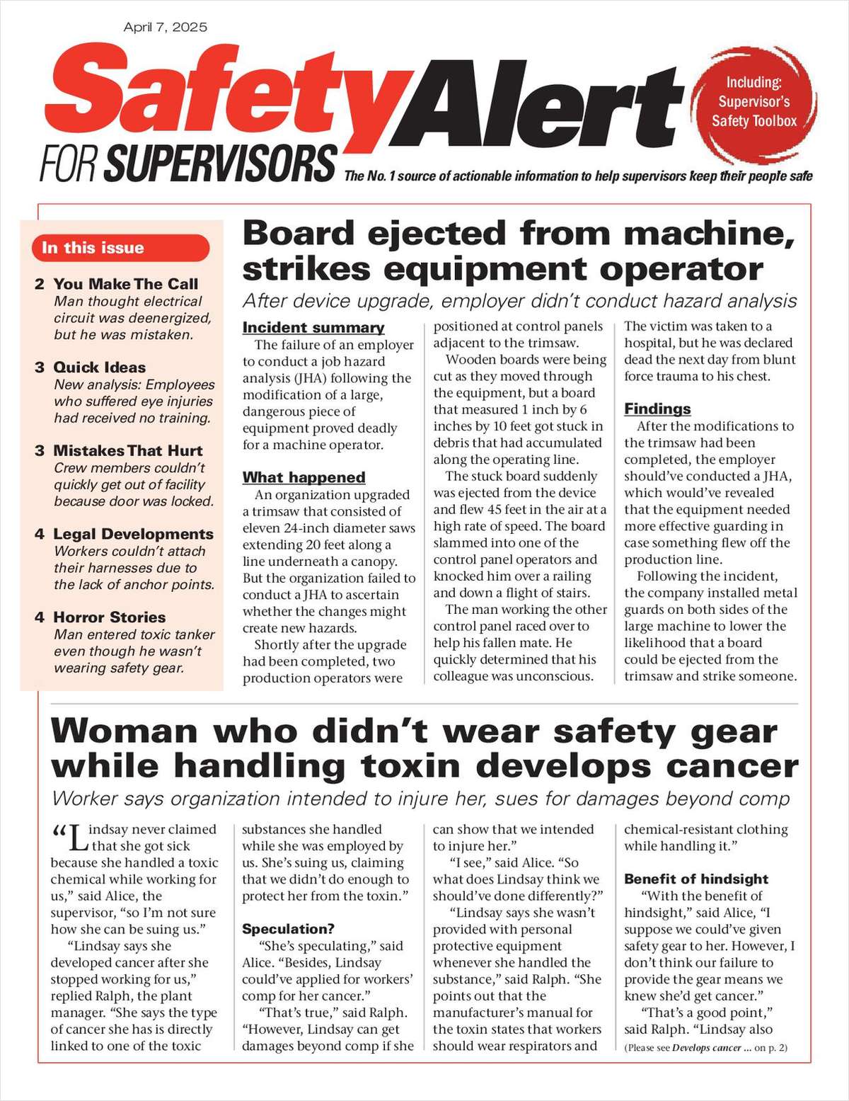 Safety Alert for Supervisors Newsletter: April 7 Issue