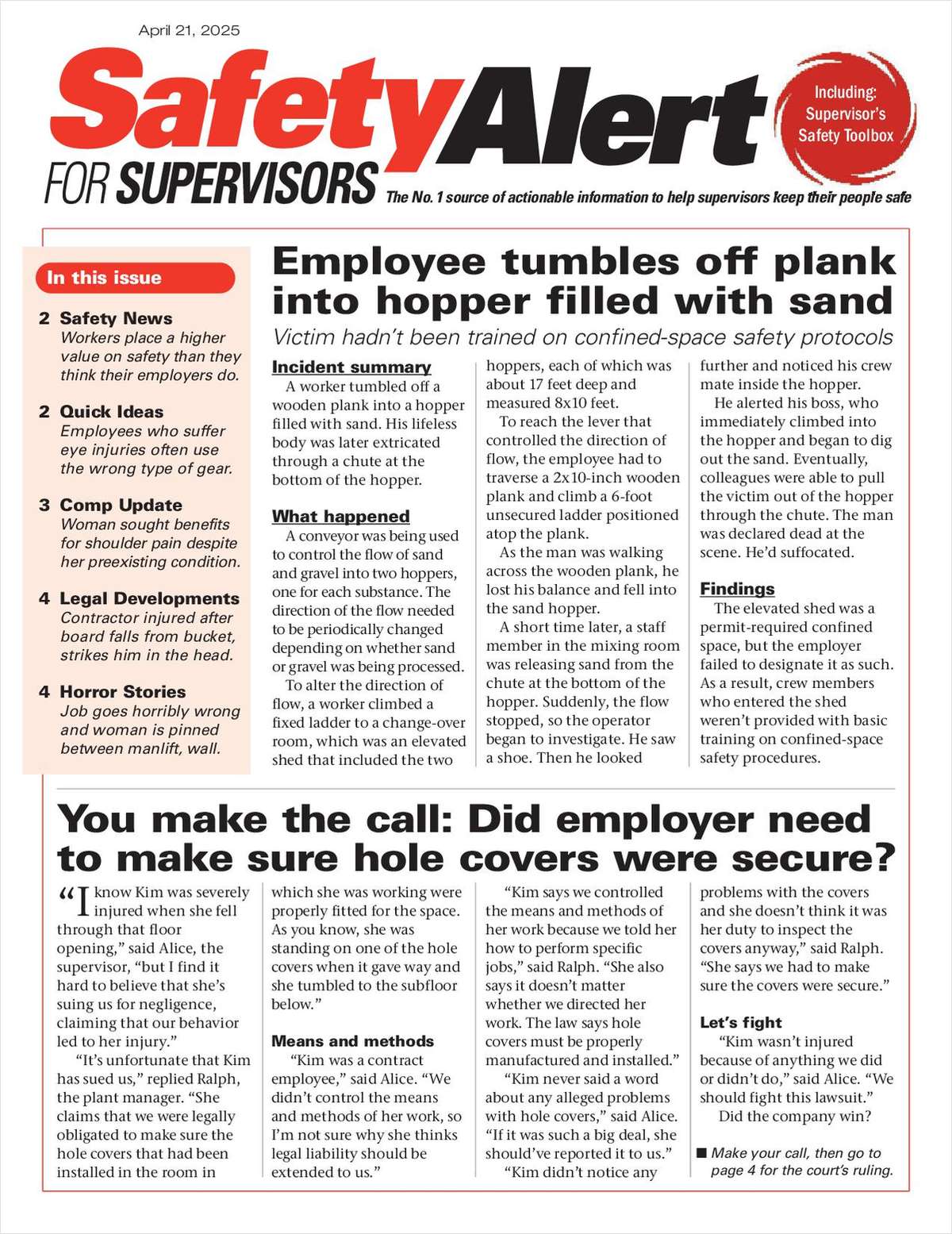 Safety Alert for Supervisors Newsletter: April 21 Issue