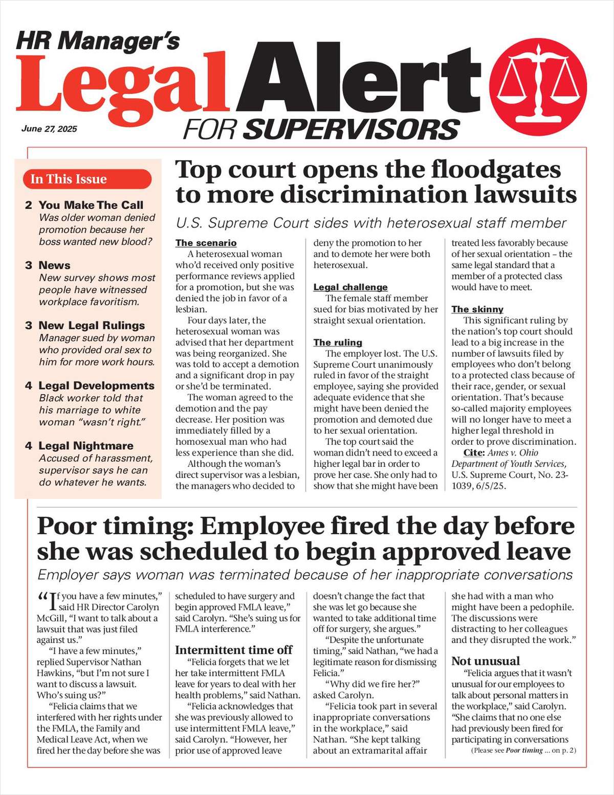 HR Manager's Legal Alert for Supervisors Newsletter: June 27 Edition