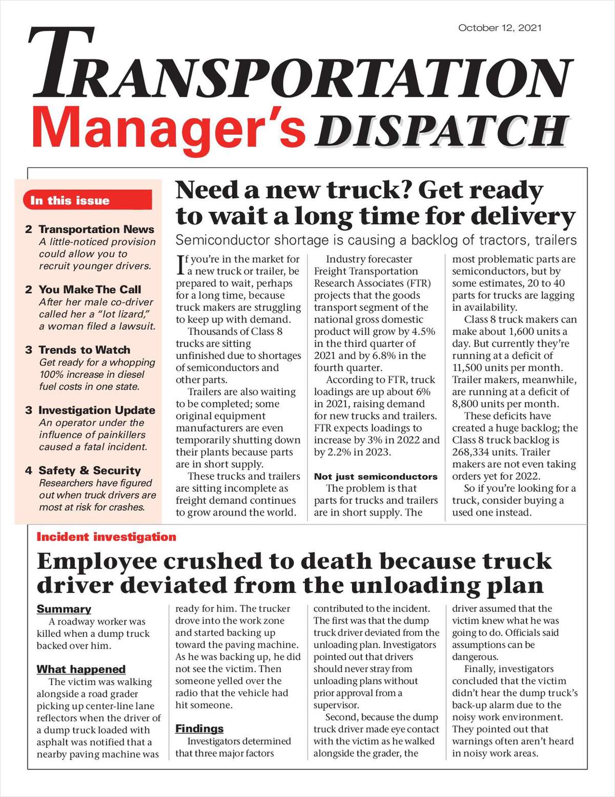 Transportation Manager's Dispatch Newsletter: October 12 Issue