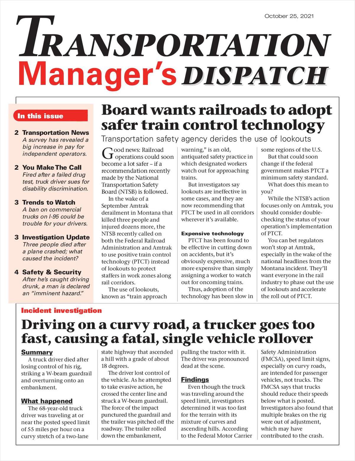 Transportation Manager's Dispatch Newsletter: October 25 Issue