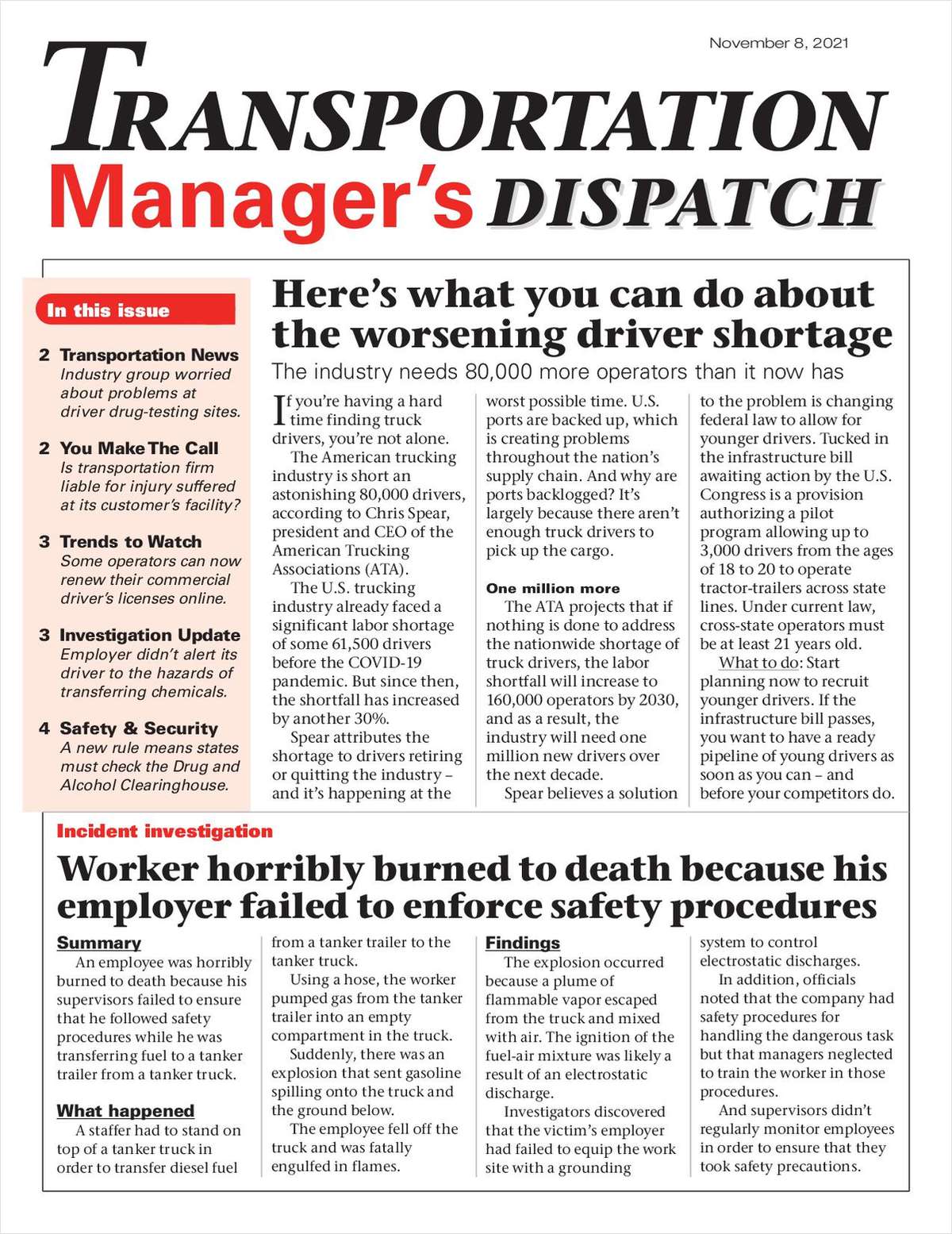 Transportation Manager's Dispatch Newsletter: November 8 Edition