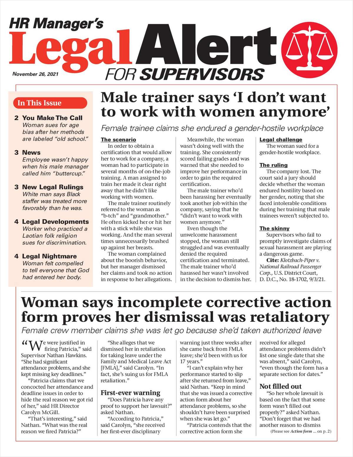 HR Manager's Legal Alert for Supervisors Newsletter: November 26 Edition