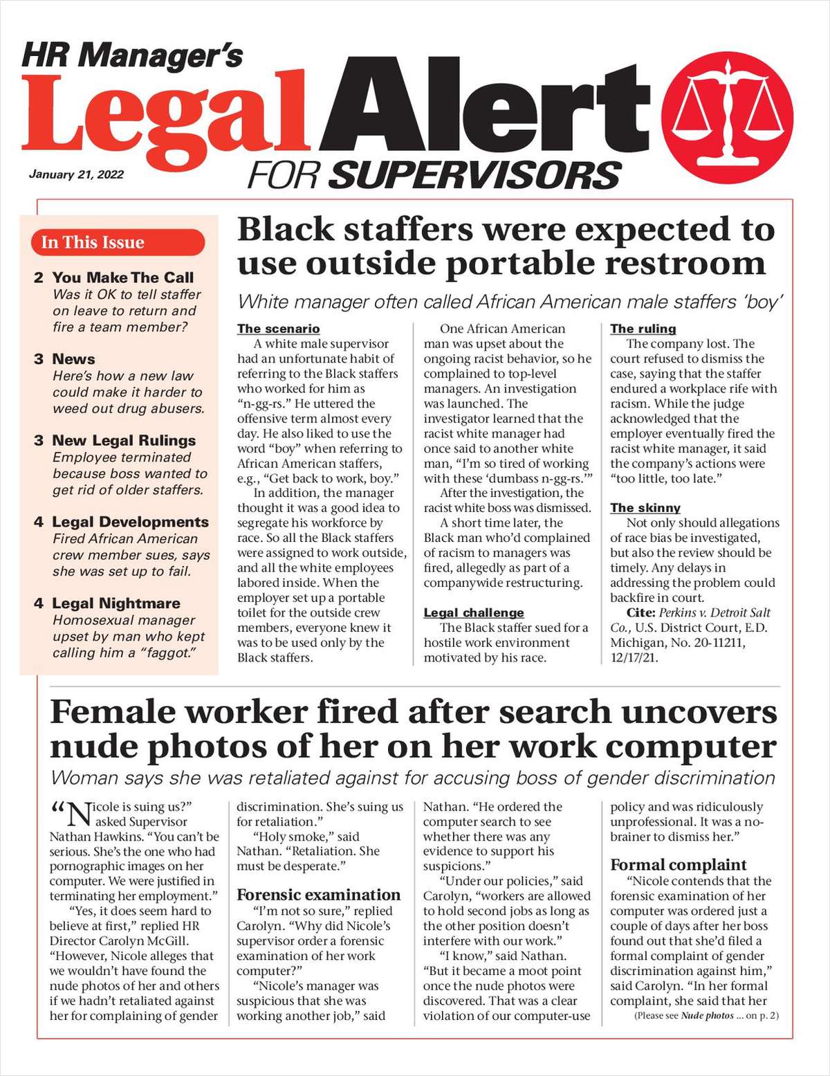 HR Manager's Legal Alert for Supervisors Newsletter: January 21 Edition