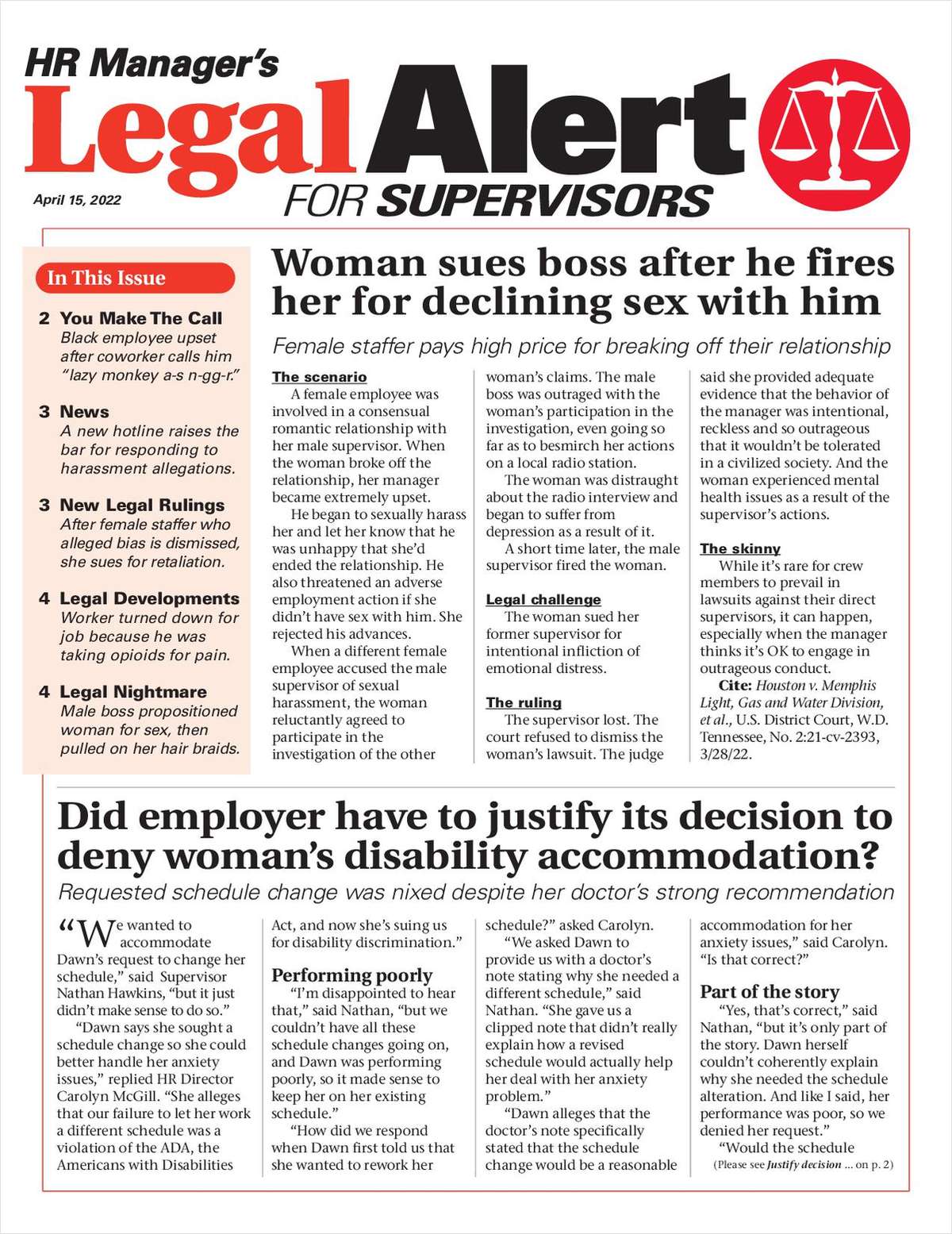 HR Manager's Legal Alert for Supervisors Newsletter: April 15 Edition