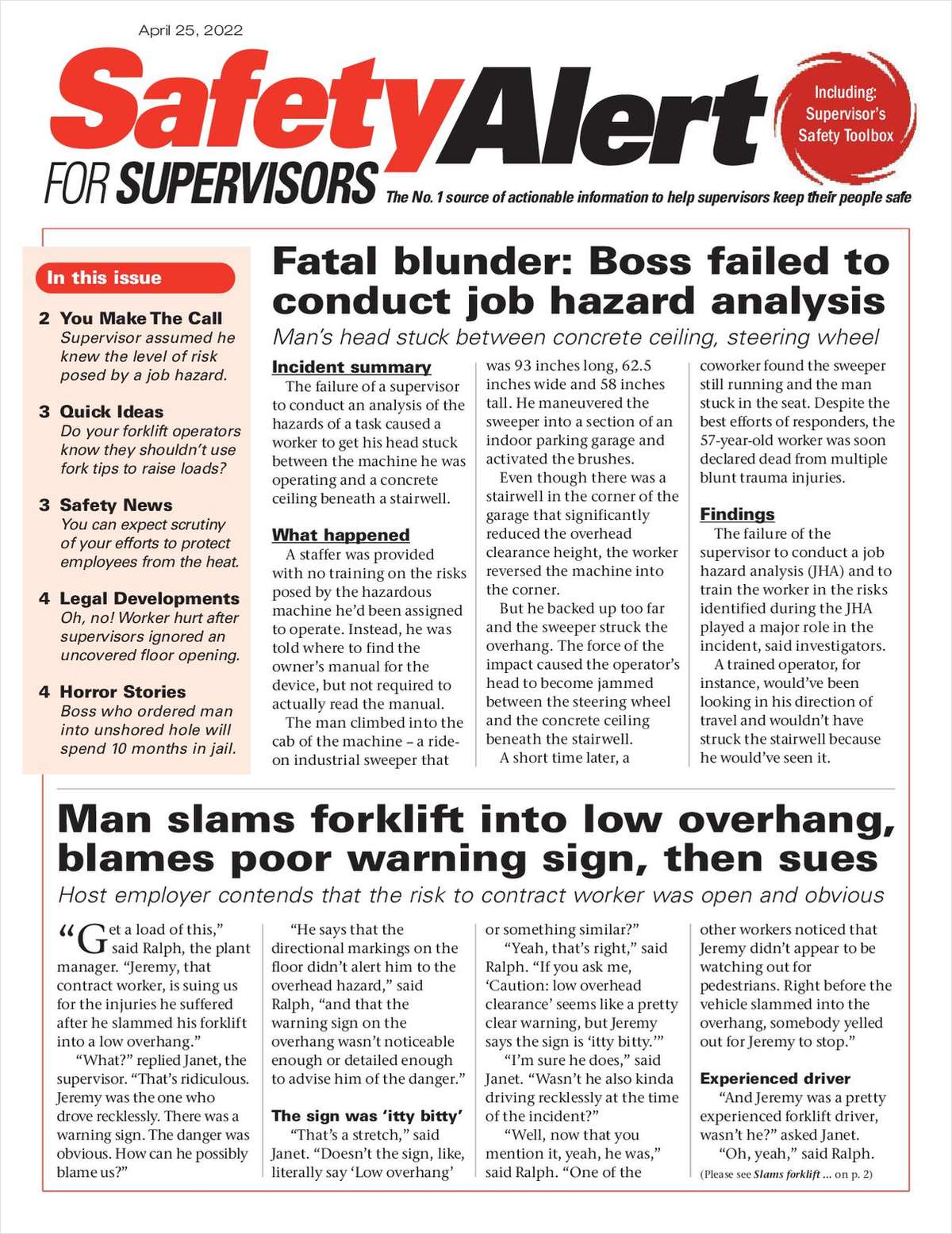 Safety Alert for Supervisors Newsletter: April 25 Issue