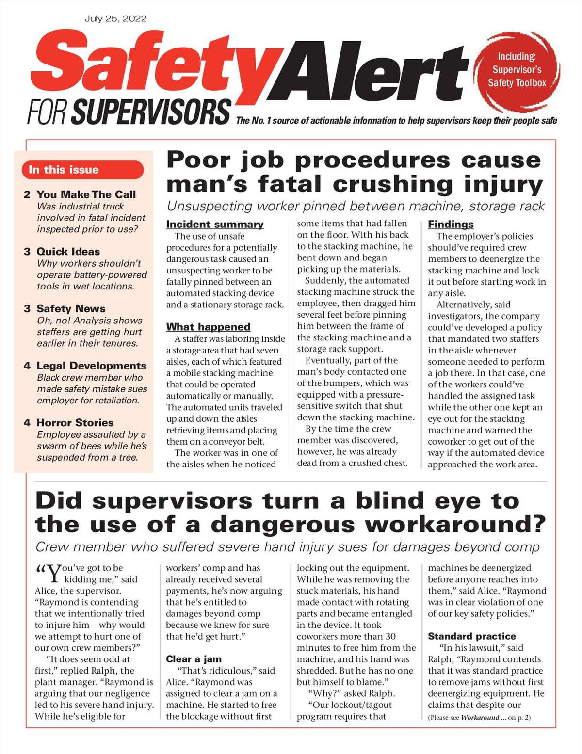 Safety Alert for Supervisors Newsletter: July 25 Issue