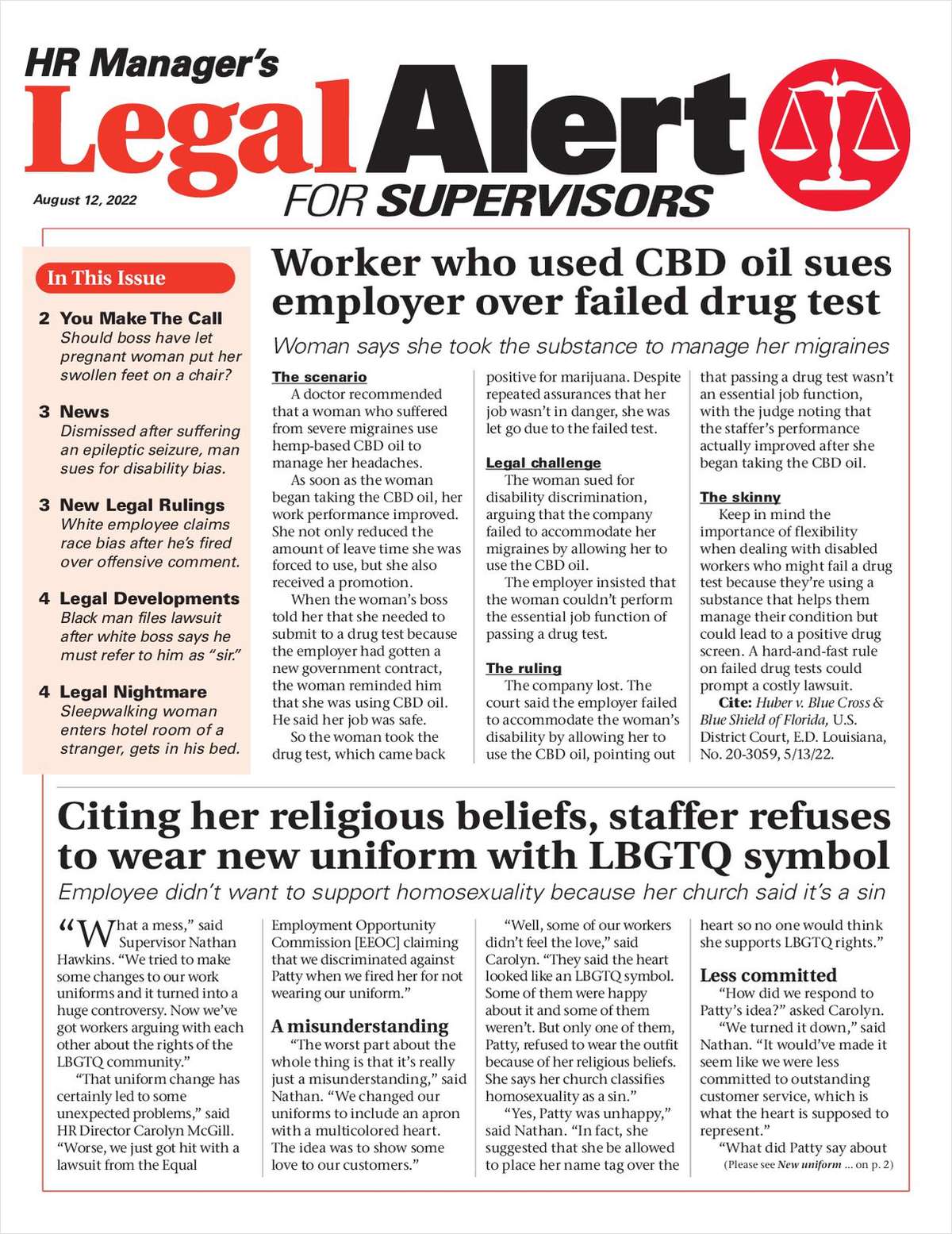 HR Manager's Legal Alert for Supervisors Newsletter: August 12 Edition