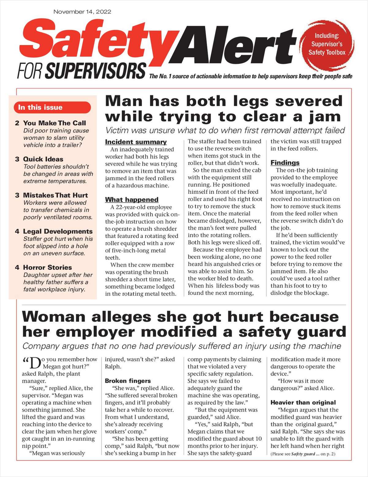 Safety Alert for Supervisors Newsletter: November 14 Issue