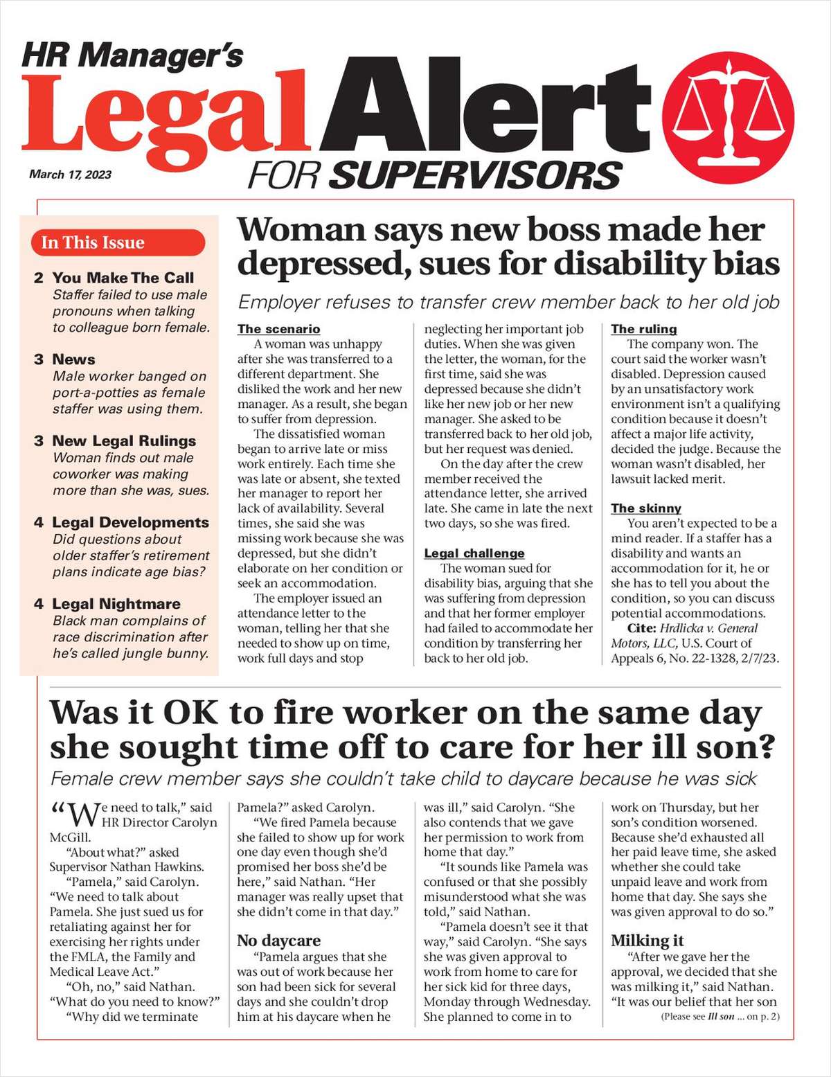 HR Manager's Legal Alert for Supervisors Newsletter: March 17 Edition