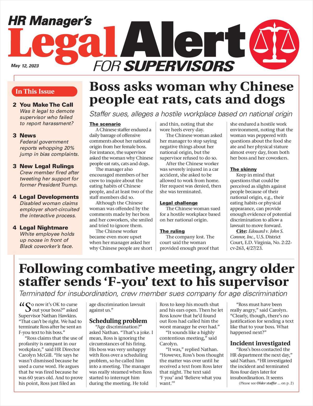 HR Manager's Legal Alert for Supervisors Newsletter: May 12 Edition