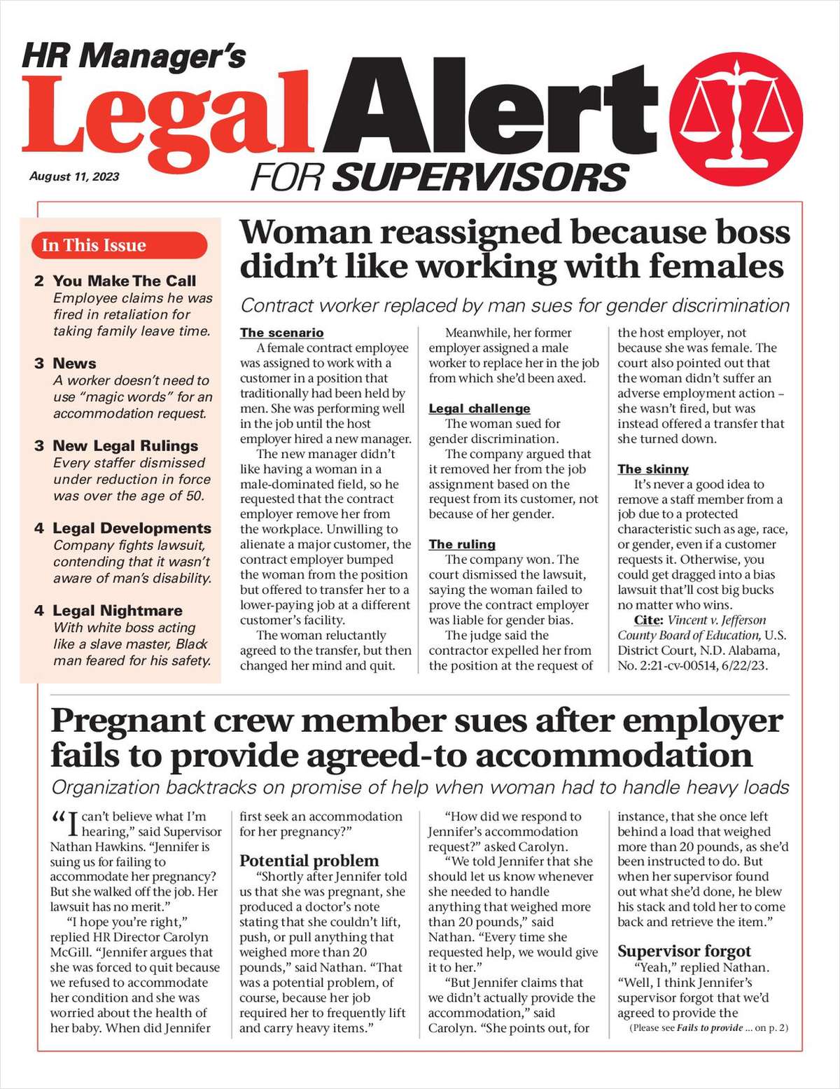 HR Manager's Legal Alert for Supervisors Newsletter: August 11 Edition