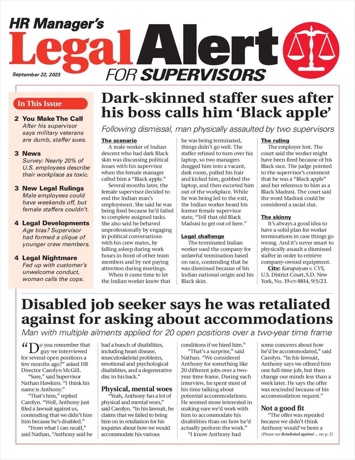 HR Manager's Legal Alert for Supervisors Newsletter: September 22 Edition