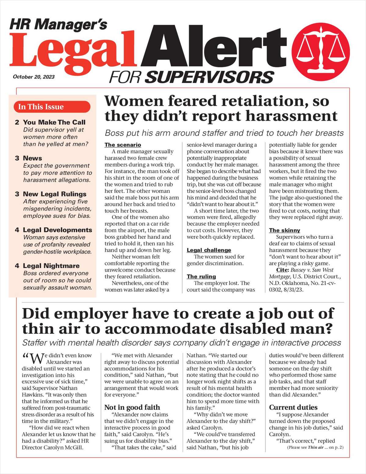 HR Manager's Legal Alert for Supervisors Newsletter: October 20 Edition