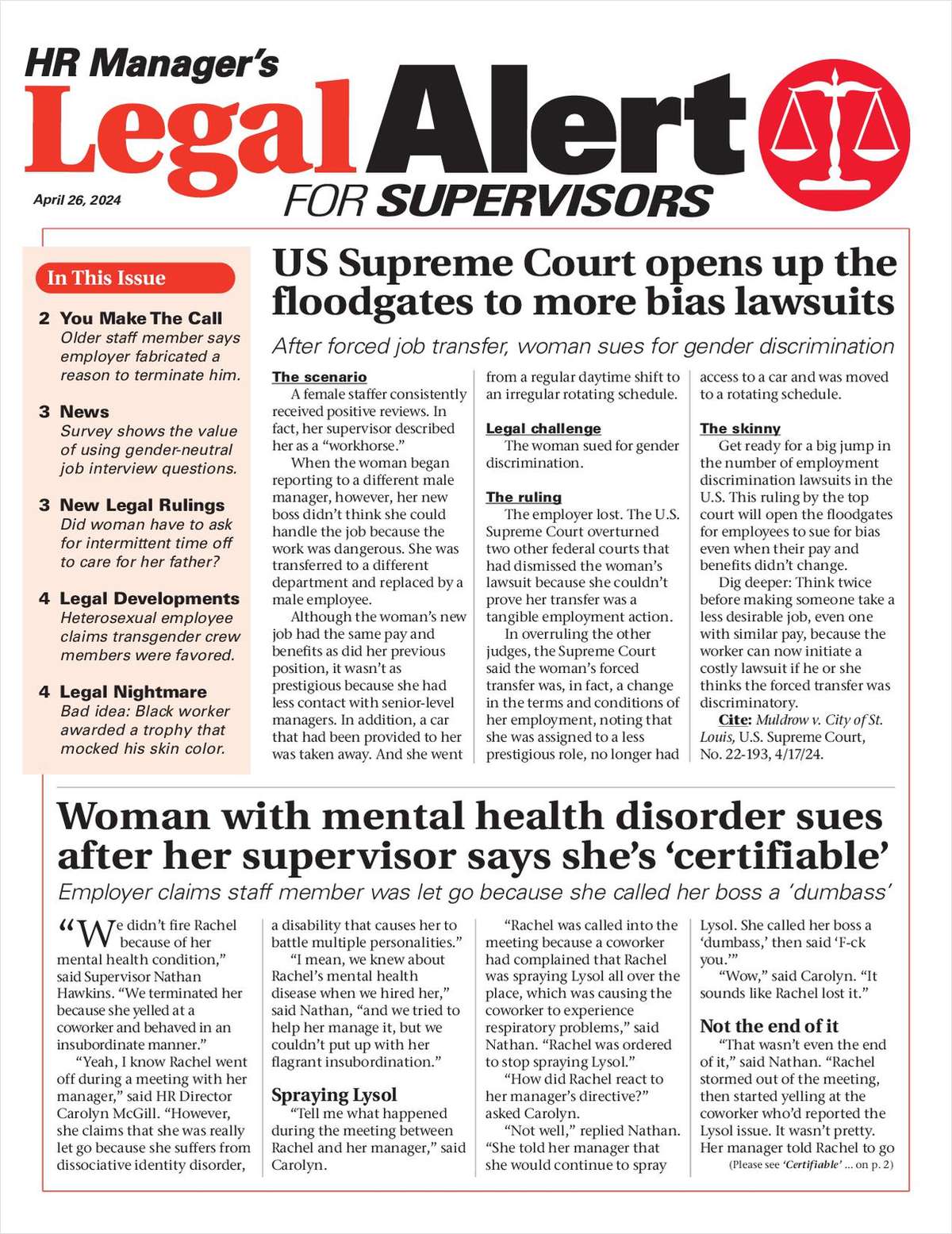 HR Manager's Legal Alert for Supervisors Newsletter: April 26 Edition