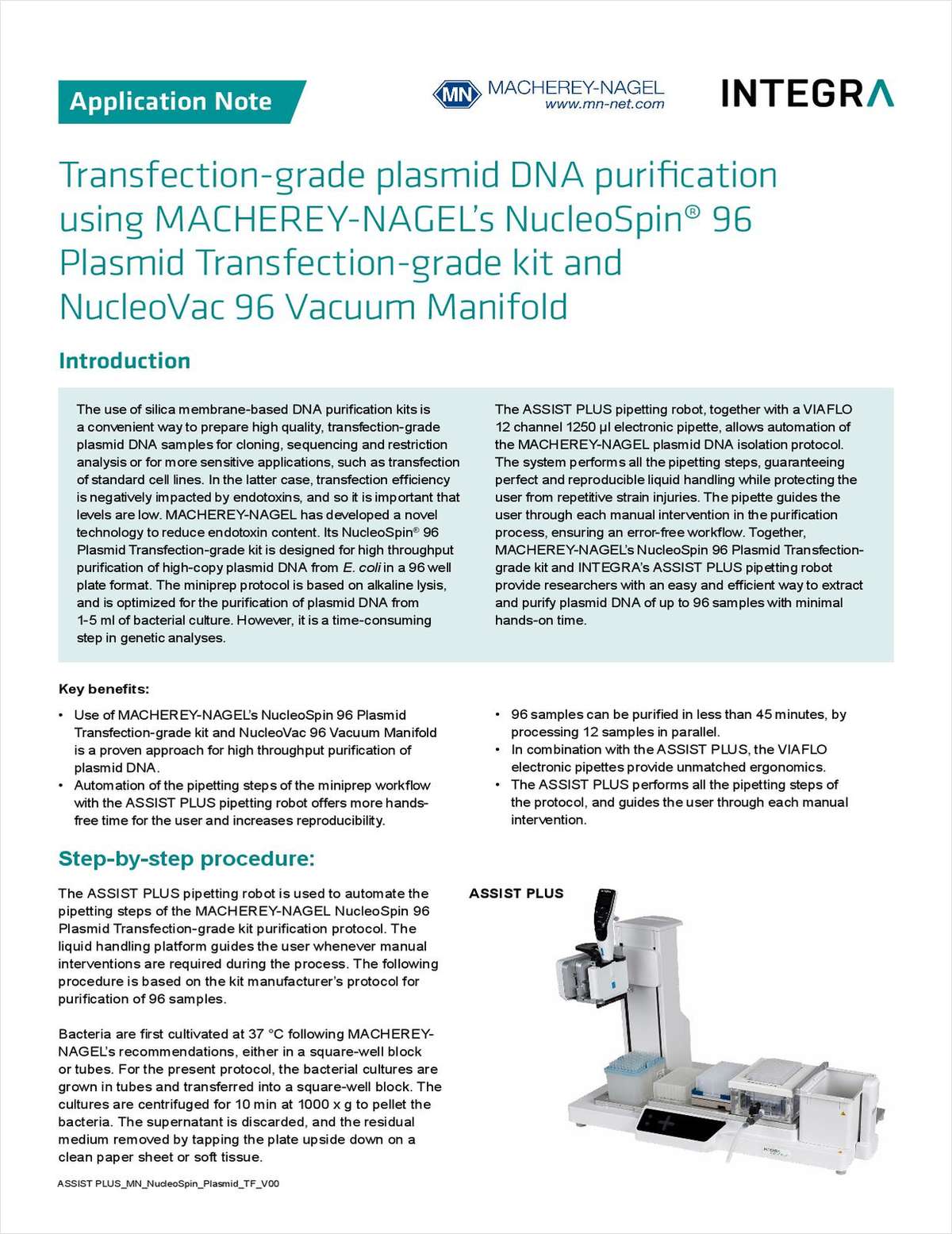 Transfection-Grade Plasmid DNA Purification Using Macherey-Nagel's NucleoSpin 96 Plasmid Transfection-Grade Kit and NucleoVac 96 Vacuum Manifold