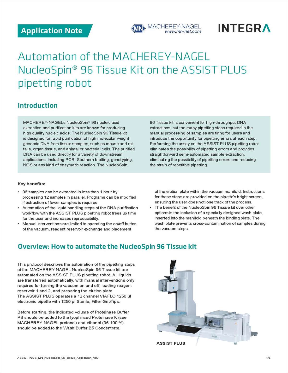 Automation of the Macherey-Nagel NucleoSpin 96 Tissue Kit on the Assist Plus Pipetting Robot