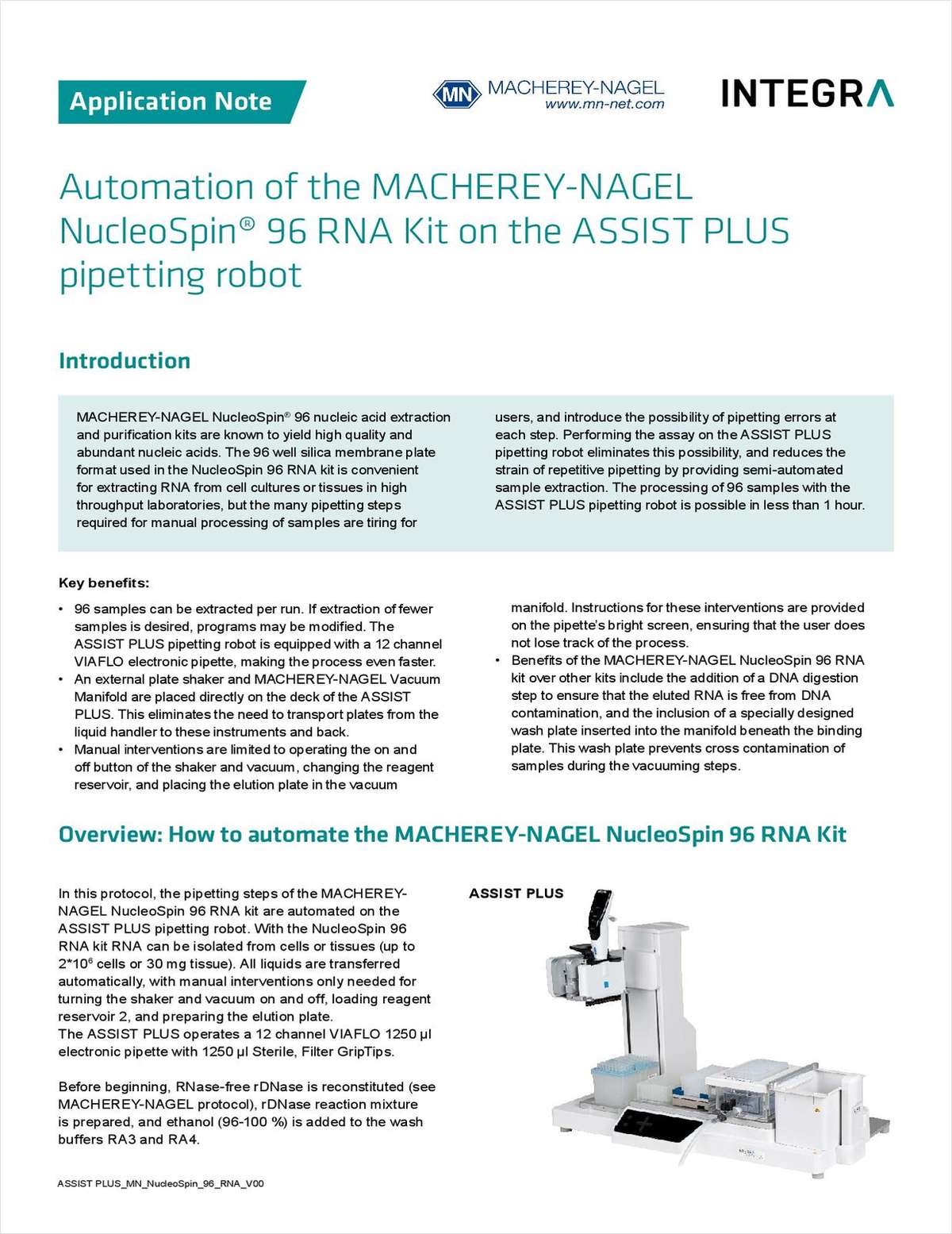 Automation of the Macherey-Nagel NucleoSpin 96 RNA Kit on the Assist Plus Pipetting Robot