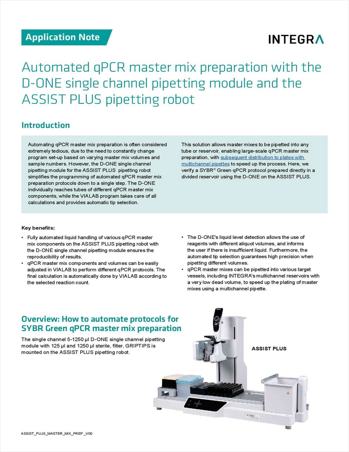 Automated qPCR Master Mix Preparation with the D-One Single-Channel Pipetting Module and the Assist Plus Pipetting Robot